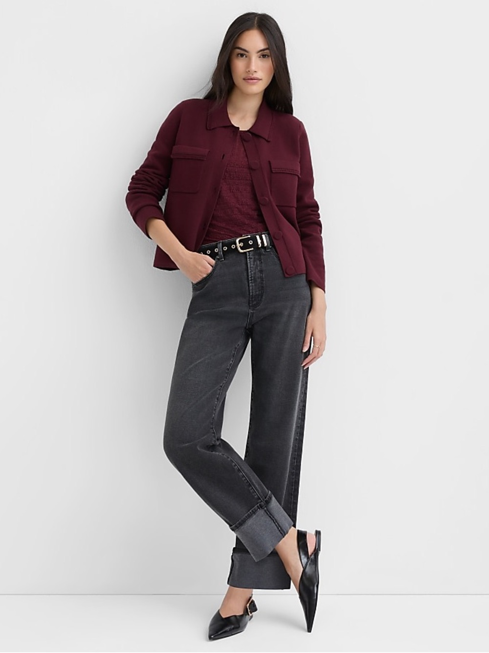 Loft Embroidered Trim Sweater Button-Front Jacket Burgundy Size M - Picture 2 of 11